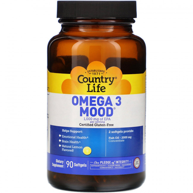 Country Life, Omega 3 Mood, натуральный ароматизатор со вкусом лимона, 90 мягких желатиновых капсул Country Life, Omega 3 Mood, натуральный ароматизатор со вкусом лимона, 90 мягких желатиновых капсул