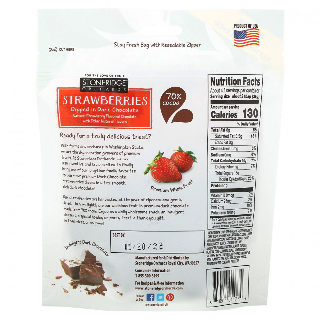 Stoneridge Orchards, клубника в черном шоколаде, 70% какао, 142 г (5 унций)
