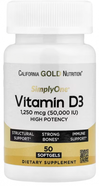 California Gold Nutrition, SimplyOne®, витамин D3, 1250 мкг (50 000 МЕ), 50 мягких таблеток