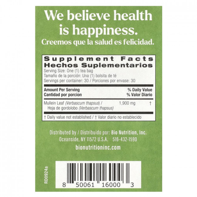 Bio Nutrition, чай из листьев коровяка, без кофеина, 30 чайных пакетиков, 57 г (2,01 унции)