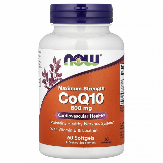NOW Foods, коэнзим Q10 с витамином E и лецитином, максимальная эффективность, 600 мг, 60 капсул