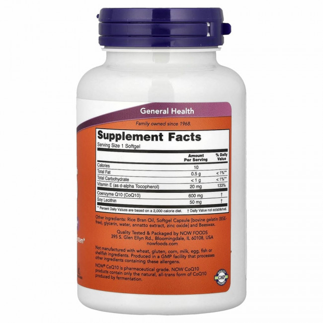 NOW Foods, коэнзим Q10 с витамином E и лецитином, максимальная эффективность, 600 мг, 60 капсул