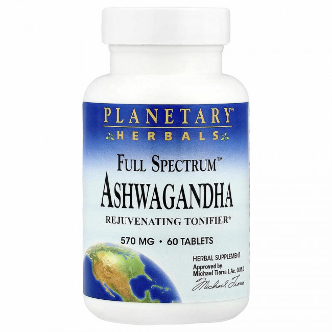 Planetary Herbals, Ашвагандха полного спектра действия, 570 мг, 60 таблеток Planetary Herbals, Ашвагандха полного спектра действия, 570 мг, 60 таблеток