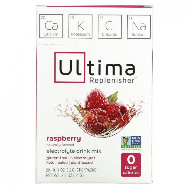 Ultima Replenisher, Электролитовая добавка, малина, 20 пакетов, 3,2 г (0,11 унций) каждый Ultima Replenisher, Электролитовая добавка, малина, 20 пакетов, 3,2 г (0,11 унций) каждый
