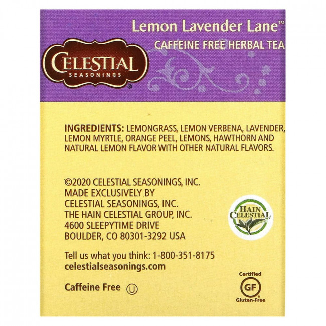Celestial Seasonings, травяной чай, Lemon Lavender Lane, без кофеина, 20 чайных пакетиков, 31 г (1,1 унции)