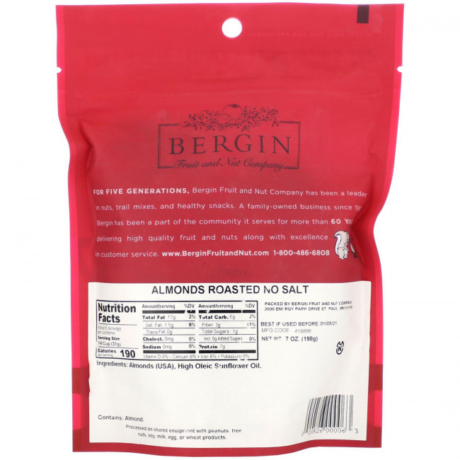 Bergin Fruit and Nut Company, Жареный миндаль, без соли, 198 г (7 унций)