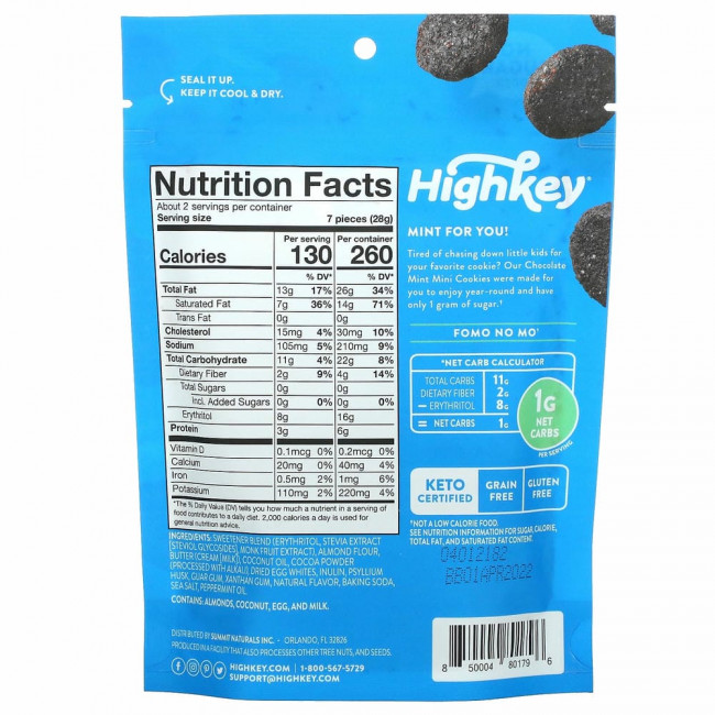 HighKey, Mini Cookies, шоколад и мята, 56,6 г (2 унции)