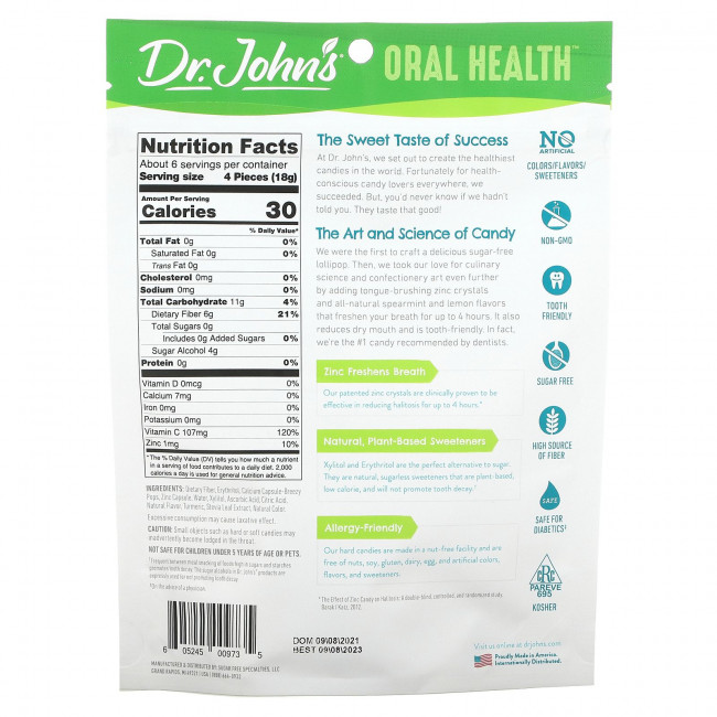 Dr. John's Healthy Sweets, Oral Health, капли для свежего дыхания, + кристаллы цинка, лимон и мята, без сахара, 24 конфеты в индивидуальной упаковке, 109 г (3,85 унции)