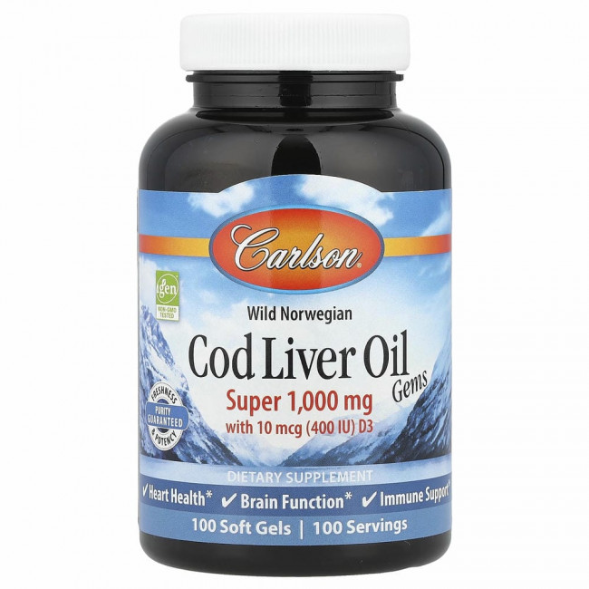 Carlson Labs, Wild Norwegian, Cod Liver Oil Gems, жир печени дикой норвежской трески в капсулах, высшего качества, 1000 мг, 100 капсул Carlson Labs, Wild Norwegian, Cod Liver Oil Gems, жир печени дикой норвежской трески в капсулах, высшего качества, 1000 мг, 100 капсул
