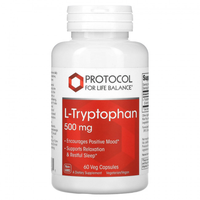 Protocol for Life Balance, L-триптофан, 500 мг, 60 растительных капсул Protocol for Life Balance, L-триптофан, 500 мг, 60 растительных капсул