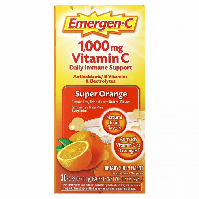Emergen-C, Витамин C, смесь ароматизированных газированных напитков, супер-апельсин, 1000 мг, 30 пакетиков по 9,1 г (0,32 унции)
