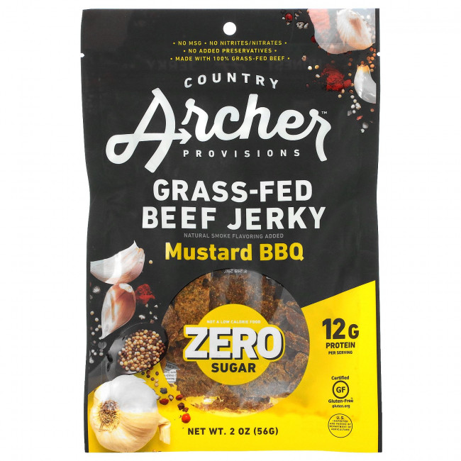 Country Archer Jerky, вяленые чипсы из говядины травяного откорма, без сахара, барбекю с горчицей, 56 г (2 унции) Country Archer Jerky, вяленые чипсы из говядины травяного откорма, без сахара, барбекю с горчицей, 56 г (2 унции)