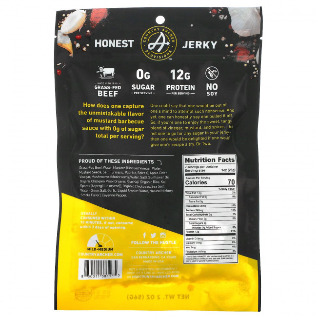 Country Archer Jerky, вяленые чипсы из говядины травяного откорма, без сахара, барбекю с горчицей, 56 г (2 унции) Country Archer Jerky, вяленые чипсы из говядины травяного откорма, без сахара, барбекю с горчицей, 56 г (2 унции)
