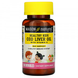 Mason Natural, Healthy Kids, жир печени трески с витамином D, апельсин, 100 жевательных таблеток Mason Natural, Healthy Kids, жир печени трески с витамином D, апельсин, 100 жевательных таблеток