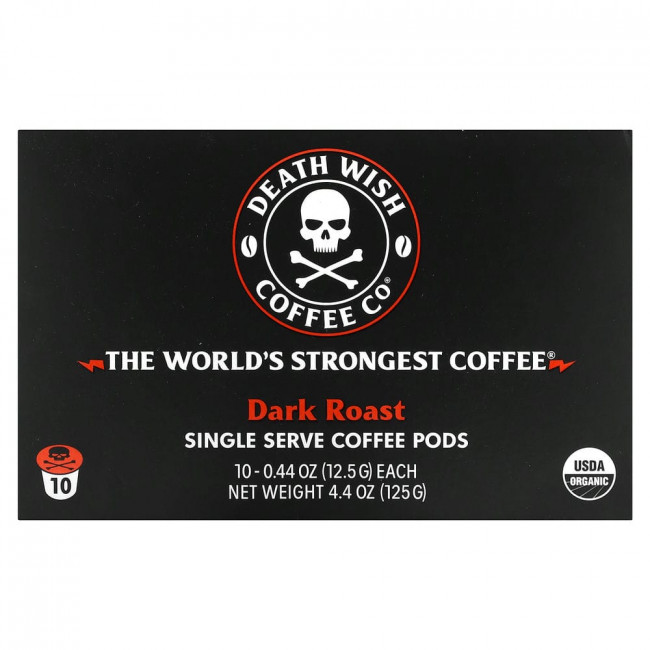 Death Wish Coffee, Самый крепкий в мире кофе, темная обжарка, 10 порционных кофейных капсул, 12,5 г (0,44 унции) каждая