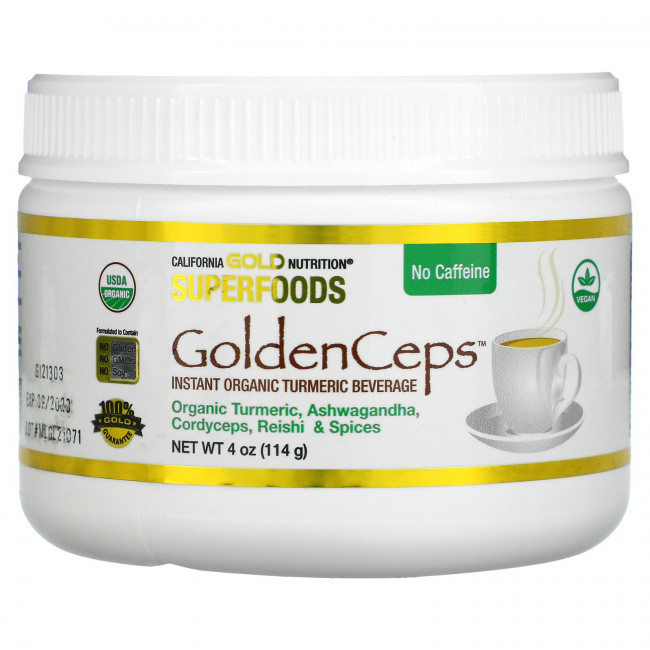 California Gold Nutrition, SUPERFOODS, GoldenCeps, органическая куркума с адаптогенами, 114 г (4 унции) California Gold Nutrition, SUPERFOODS, GoldenCeps, органическая куркума с адаптогенами, 114 г (4 унции)