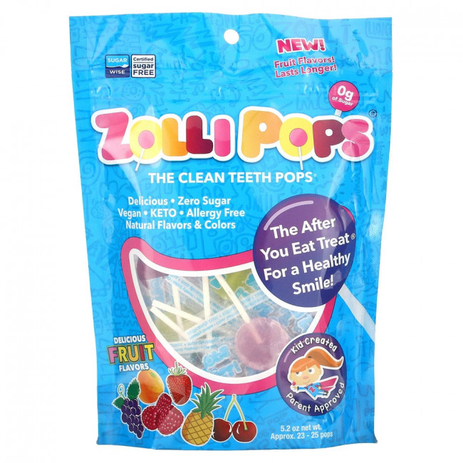 Zollipops, The Clean Teeth Pops, леденцы для чистки зубов, клубника, апельсин, малина, вишня, виноград, ананас, прибл. 23–25 леденцов ZolliPops, 147 г (5,2 унции) Zollipops, The Clean Teeth Pops, леденцы для чистки зубов, клубника, апельсин, малина, вишня, виноград, ананас, прибл. 23–25 леденцов ZolliPops, 147 г (5,2 унции)