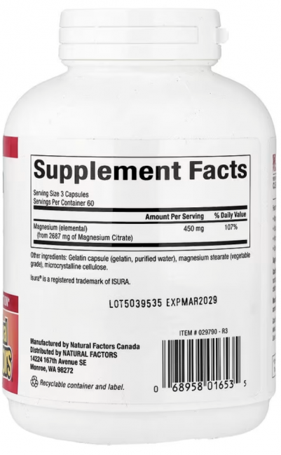 Natural Factors, цитрат магния, 150 мг, 180 капсул