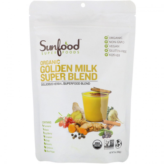 Sunfood, Органическая порошковая смесь Golden Milk Super Blend, 6 унций (168 г) Sunfood, Органическая порошковая смесь Golden Milk Super Blend, 6 унций (168 г)