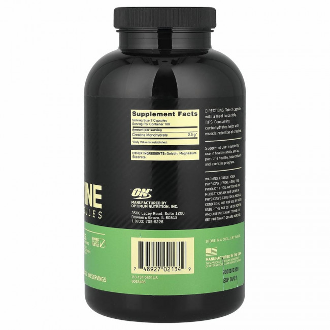 Optimum Nutrition, микронизированный креатин в капсулах, 2,5 г, 200 капсул