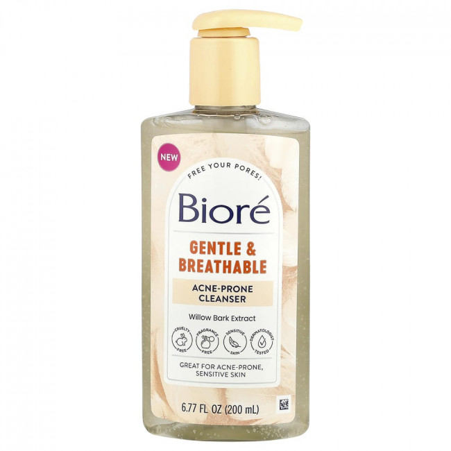 Biore, нежное и дышащее очищающее средство для проблемной кожи, не содержащее отдушек, 200 мл (6,77 жидких унций)