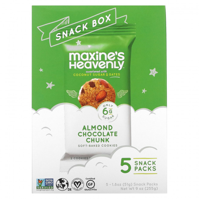 Maxine's Heavenly, Snack Box, мягкое овсяное печенье с кусочками шоколада и миндалем, 5 упаковок снека по 51 г (1,8 унции)