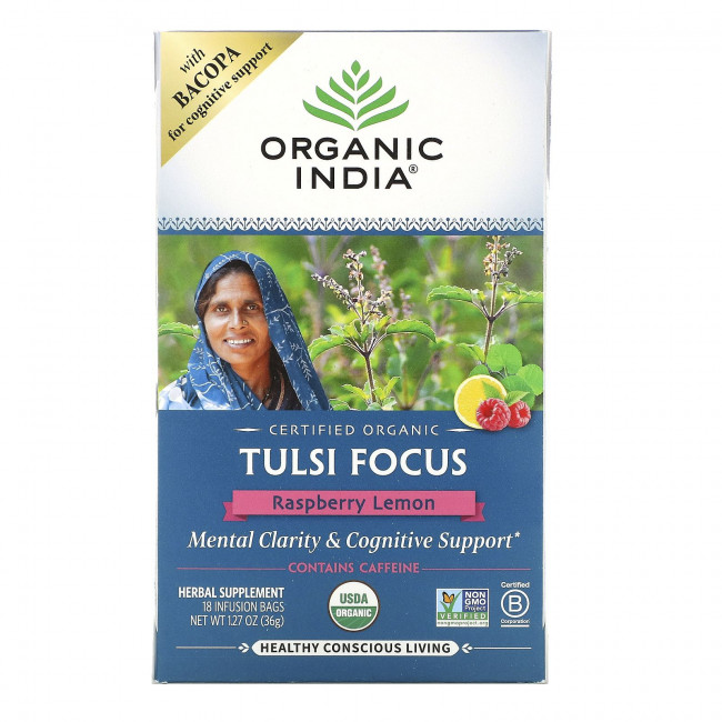 Organic India, Tulsi Tea, Focus, малина и лимон, 18 пакетиков для настоя, 1,27 унции (36 г) Organic India, Tulsi Tea, Focus, малина и лимон, 18 пакетиков для настоя, 1,27 унции (36 г)