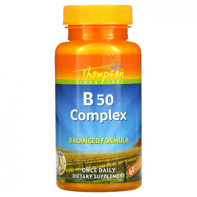 Thompson, B50 Complex, комплекс витаминов группы В, 60 вегетарианских капсул Thompson, B50 Complex, комплекс витаминов группы В, 60 вегетарианских капсул