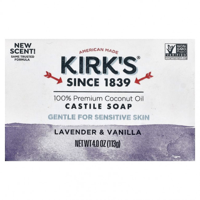 Kirk's, кастильское кусковое мыло, для чувствительной кожи, лаванда и ваниль, 113 г (4 унции) Kirk's, кастильское кусковое мыло, для чувствительной кожи, лаванда и ваниль, 113 г (4 унции)