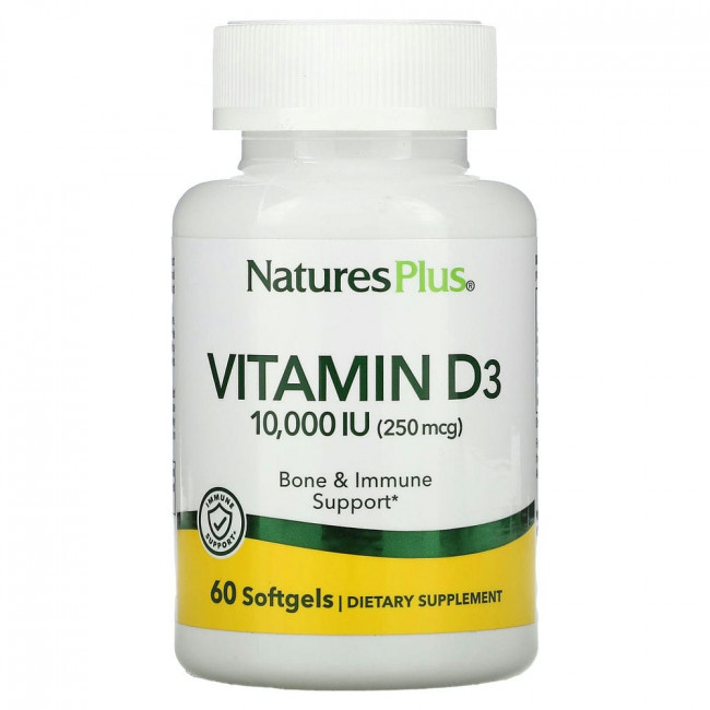 NaturesPlus, Витамин D3, 10 000 МЕ (250 мкг), 60 мягких таблеток NaturesPlus, Витамин D3, 10 000 МЕ (250 мкг), 60 мягких таблеток