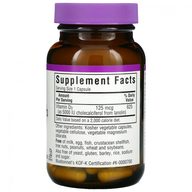 Bluebonnet Nutrition, Витамин D3, 125 мкг (5000 МЕ), 60 растительных капсул