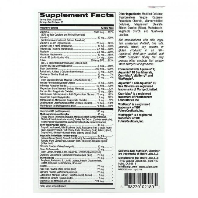California Gold Nutrition, Ultamins, мультивитаминный комплекс для женщин с коэнзимом Q10, грибами, ферментами, овощами и ягодами, 60 растительных капсул