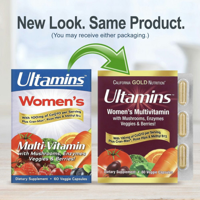 California Gold Nutrition, Ultamins, мультивитаминный комплекс для женщин с коэнзимом Q10, грибами, ферментами, овощами и ягодами, 60 растительных капсул