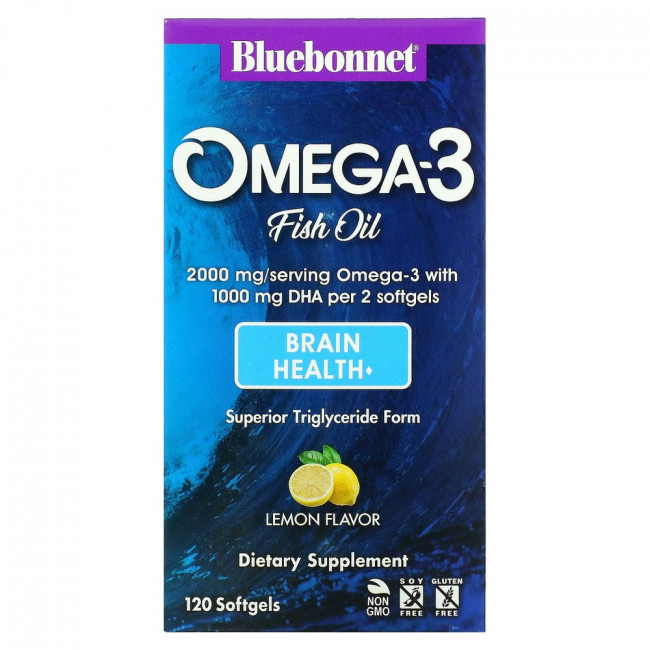 Bluebonnet Nutrition, омега-3 из рыбьего жира, здоровье мозга, лимонный вкус, 120 капсул Bluebonnet Nutrition, омега-3 из рыбьего жира, здоровье мозга, лимонный вкус, 120 капсул