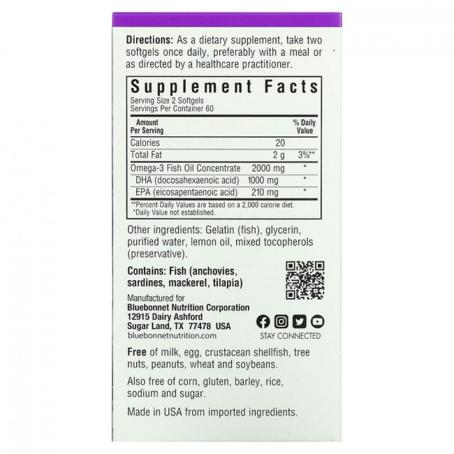 Bluebonnet Nutrition, омега-3 из рыбьего жира, здоровье мозга, лимонный вкус, 120 капсул Bluebonnet Nutrition, омега-3 из рыбьего жира, здоровье мозга, лимонный вкус, 120 капсул