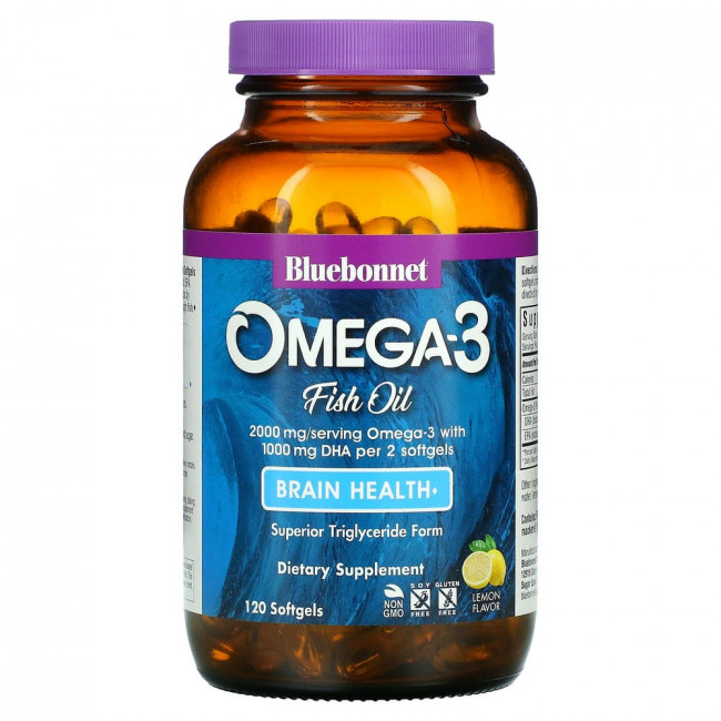 Bluebonnet Nutrition, омега-3 из рыбьего жира, здоровье мозга, лимонный вкус, 120 капсул Bluebonnet Nutrition, омега-3 из рыбьего жира, здоровье мозга, лимонный вкус, 120 капсул