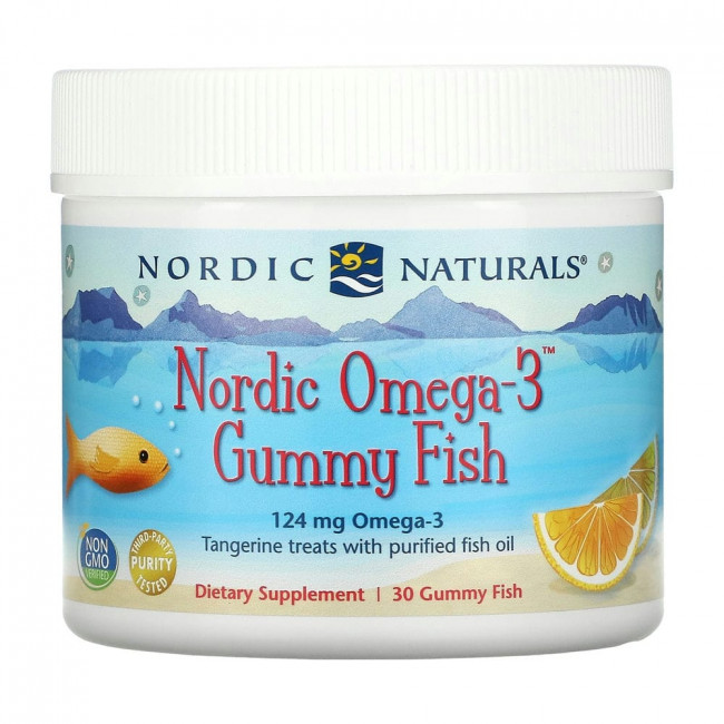 Nordic Naturals, Nordic Omega-3 Gummy Fish, «мандариновые лакомства», 124 мг, 30 жевательная таблеток в форме рыбок