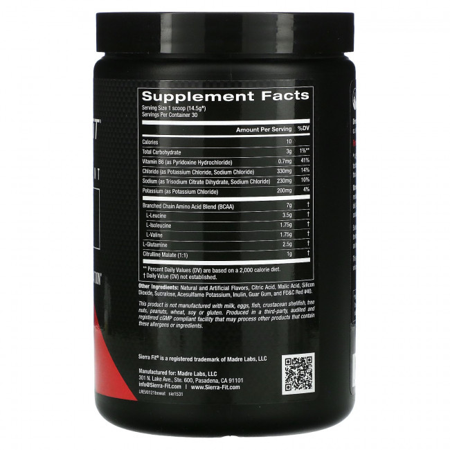 Sierra Fit, аминокислоты с разветвленными цепями (BCAA) и электролиты, 7 г BCAA, со вкусом арбуза, 435 г (15,34 унции)