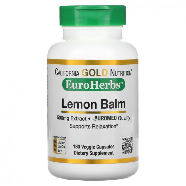 California Gold Nutrition, EuroHerbs, экстракт мелиссы лекарственной, европейское качество, 500 мг, 180 вегетарианских капсул California Gold Nutrition, EuroHerbs, экстракт мелиссы лекарственной, европейское качество, 500 мг, 180 вегетарианских капсул