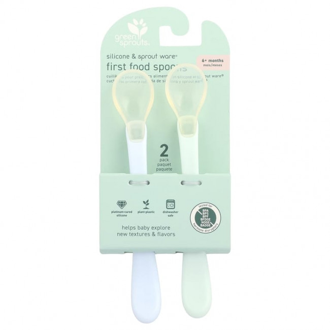Green Sprouts, Silicone & Sprout Ware®, First Food Spoons, от 6 месяцев, Light Ealight, 2 упаковки Green Sprouts, Silicone & Sprout Ware®, First Food Spoons, от 6 месяцев, Light Ealight, 2 упаковки
