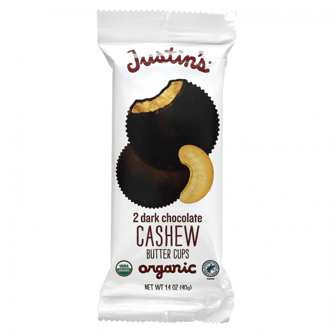 Justin's Nut Butter, сладости с органическим темным шоколадом и пастой из кешью, 2 шт., 40 г (1,4 унции)