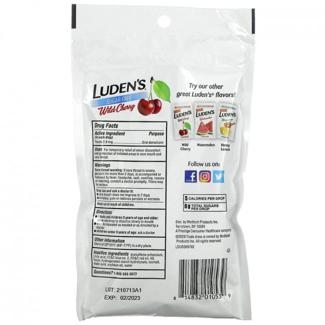 Luden's, Леденцы с пектином / успокаивающее средство для полости рта, без сахара, дикая вишня, 25 леденцов для горла