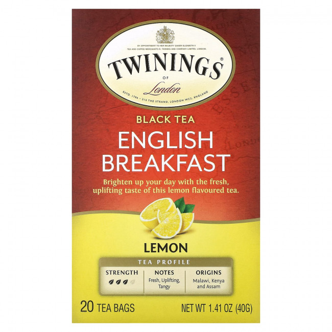 Twinings, English Breakfast, черный чай, лимон, 20 чайных пакетиков 40 г (1,41 унции) Twinings, English Breakfast, черный чай, лимон, 20 чайных пакетиков 40 г (1,41 унции)