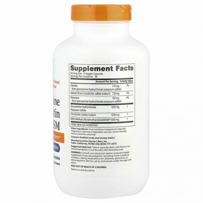 Doctor's Best, глюкозамин, хондроитин и МСМ с OptiMSM, 360 вегетарианских капсул
