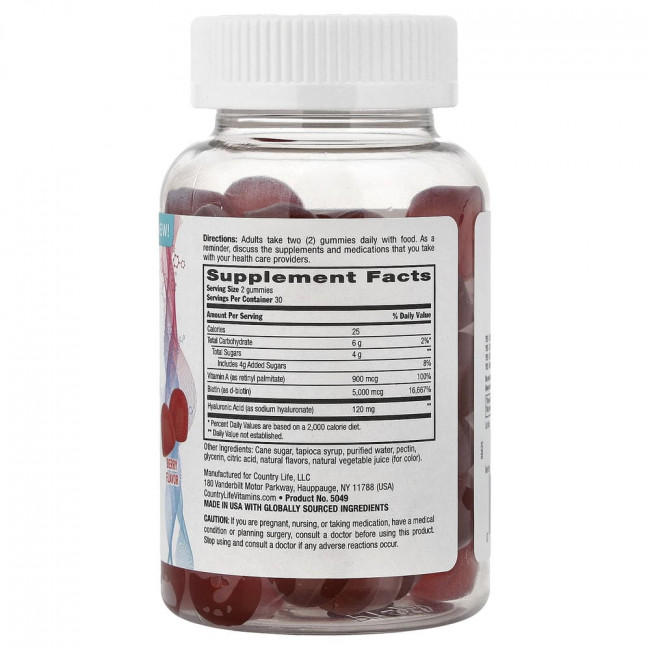 Country Life, Maxi-Hair® Skin & Nails Gummies с гиалуроновой кислотой и биотином, ягодный вкус, 60 жевательных конфет