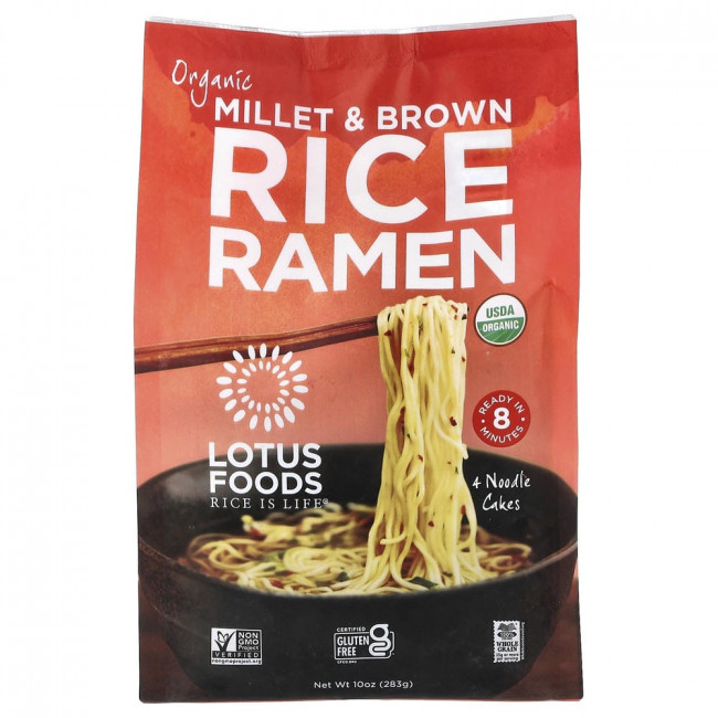 Лапша быстрого приготовления Lotus Foods, органическая, из проса и коричневого риса, 4 упаковки по 283 г (10 унций)