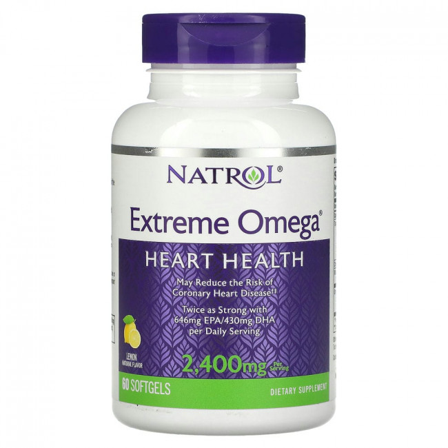 Natrol, Extreme Omega, со вкусом лимона, 1200 мг, 60 мягких желатиновых капсул Natrol, Extreme Omega, со вкусом лимона, 1200 мг, 60 мягких желатиновых капсул