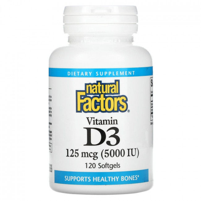 Natural Factors, Витамин D3, 125 мкг (5000 МЕ), 120 мягких желатиновых капсул