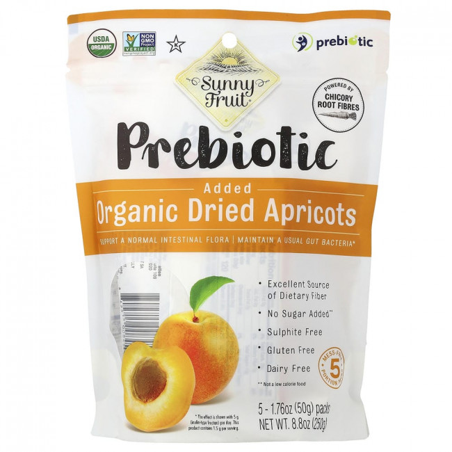 Sunny Fruit, органические сушеные абрикосы с добавлением пребиотиков, 5 упаковок по 50 г каждая.
