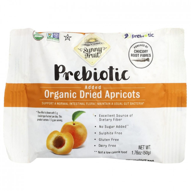 Sunny Fruit, органические сушеные абрикосы с добавлением пребиотиков, 5 упаковок по 50 г каждая.